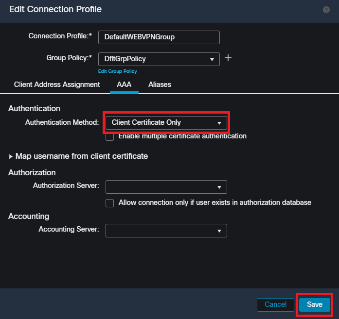 Changing the authentication method to client certificate only for the DefaultWEBVPNGroup within the FMC UI.