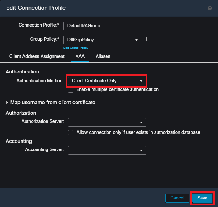 Changing the authentication method to client certificate only for the DefaultRAGroup within the FMC UI.