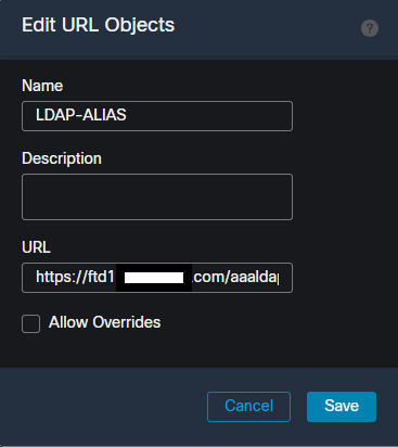 Creating a URL Alias object within the FMC UI.
