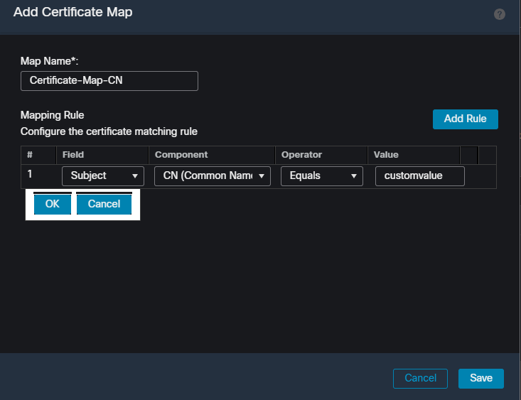 Cree un mapa de certificado y agregue criterios para el mapa dentro de la interfaz de usuario de FMC.