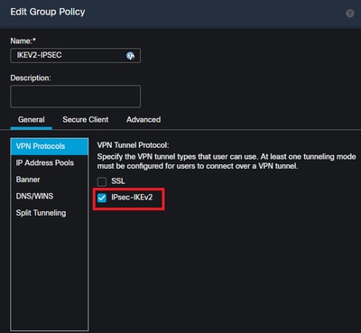 Enable IPsec IKEv2 within a group policy in the FMC UI.