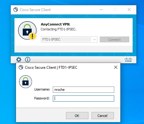 Secure Client UI view of the IPsec IKEv2 RAVPN connection attempt.