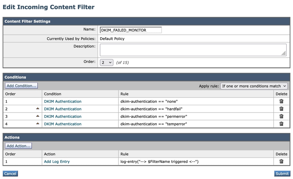 Create an Incoming Content Filter for DKIM Monitor