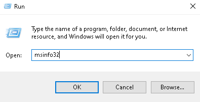 Run window with msinfo32 typed in the form. Below OK, Cancel and Browse... buttons.