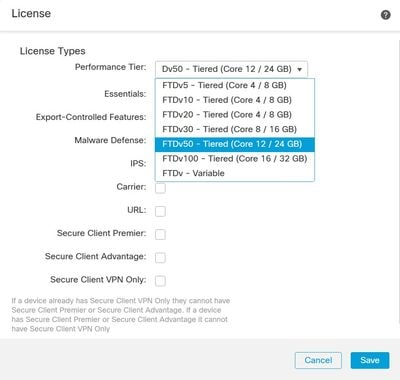 Choose Performance Tier License FTDv20 or Greater