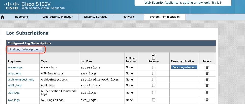 Choose Add Log Subscription