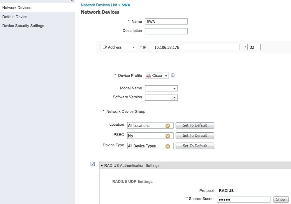 Configure SWA Network Device Shared Key