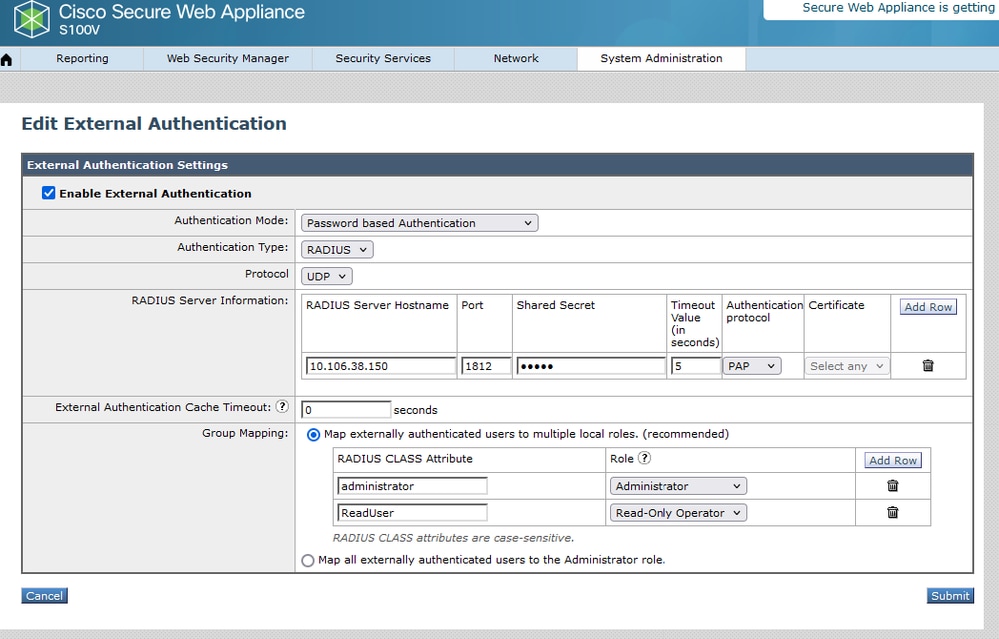 External Authentication Configuration for RADIUS Server
