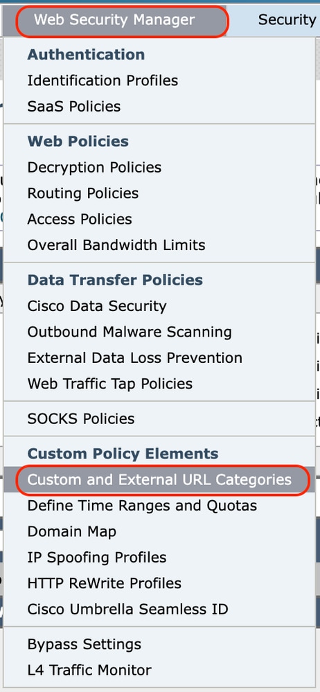 Choose Custom and External URL Categories