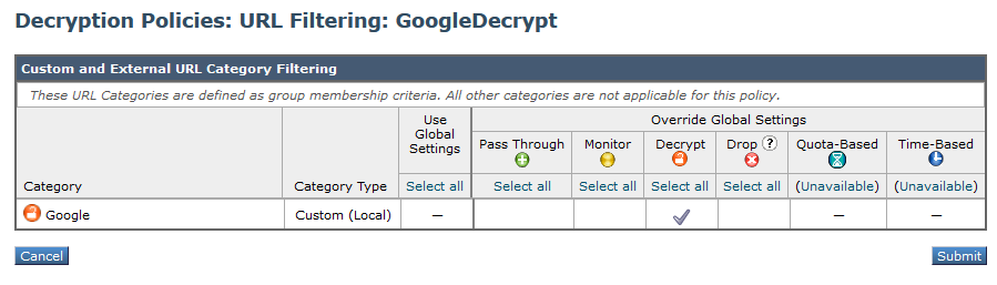 Select Created Custom URL Category for Google to Decrypt it in the Decryption Policy
