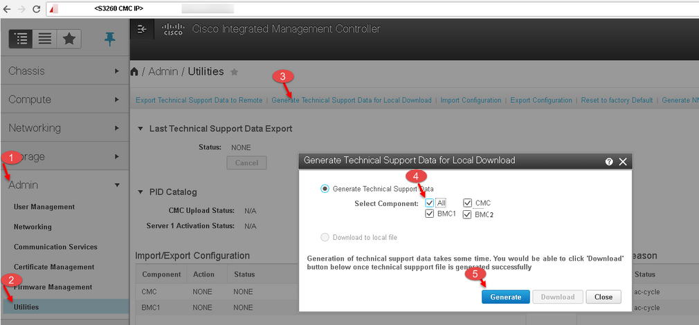 Generate Technical Support Data for Local Download dialog box for UCS S Series