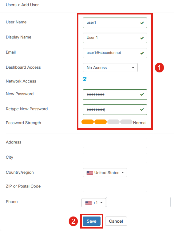 Configure User Name, Display Name, Email, Dashboard Access, New Password, Retype New Password. The other fields are optional. Click Save. 