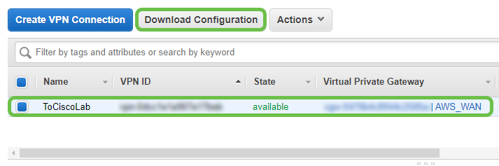 Screen shot of area where VPN connection that was created can be found. The VPN connection created is highlighted in a green box and the Download configuration button is also in a green box. 