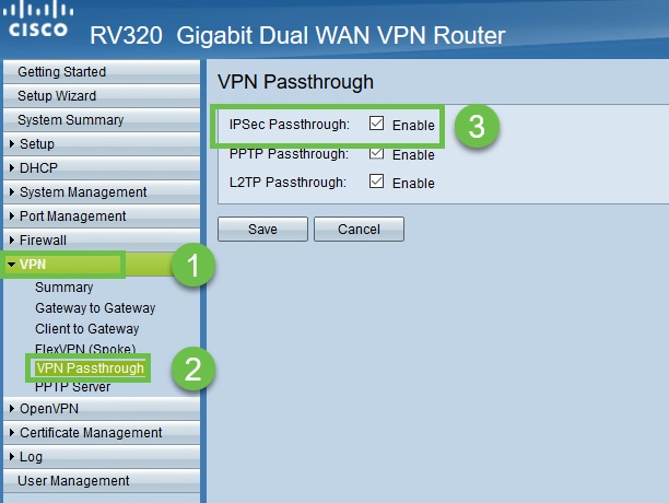 A screenshot of routers interface with steps: 1) VPN, 2) VPN Passthrough, 3) checking IPSEC Passthrough. 