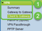 Screenshot with steps highlighted on how to get to VPN tunnel configuration page. First step us heading to VPN and second step is Client to gateway. 