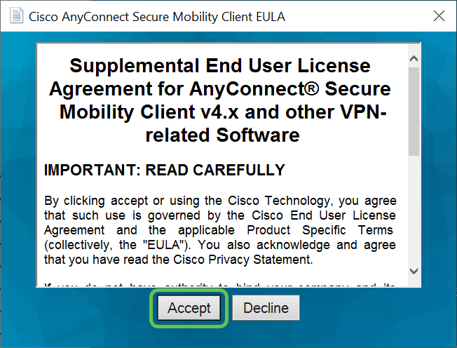 Lea el Acuerdo de licencia complementario del usuario final y haga clic en Acepte.