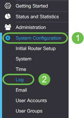 The main menu of the router, a two click combo is highlighted - first System Configuration and second Log.