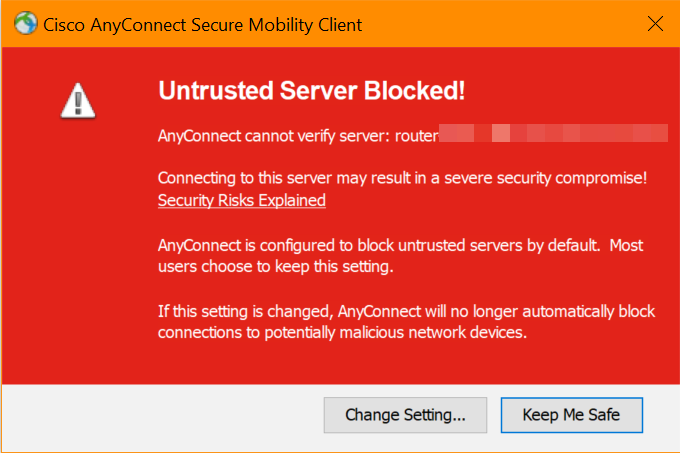 The image shows the Untrusted Server warning. 