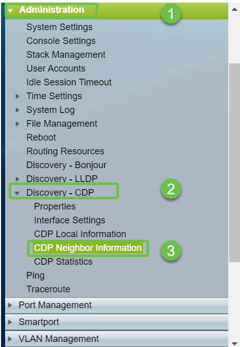 Go to Administration > Discovery CDP > CDP Neighbor Information. 