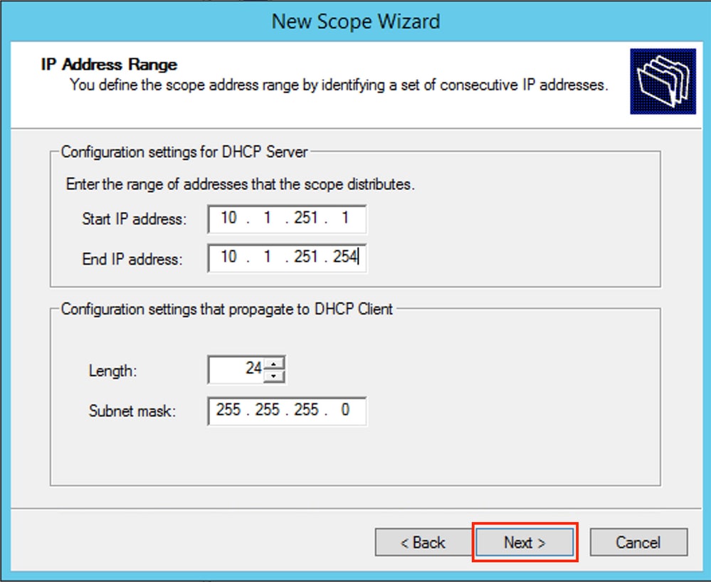 win2012, Define IP range for the DHCP Scope