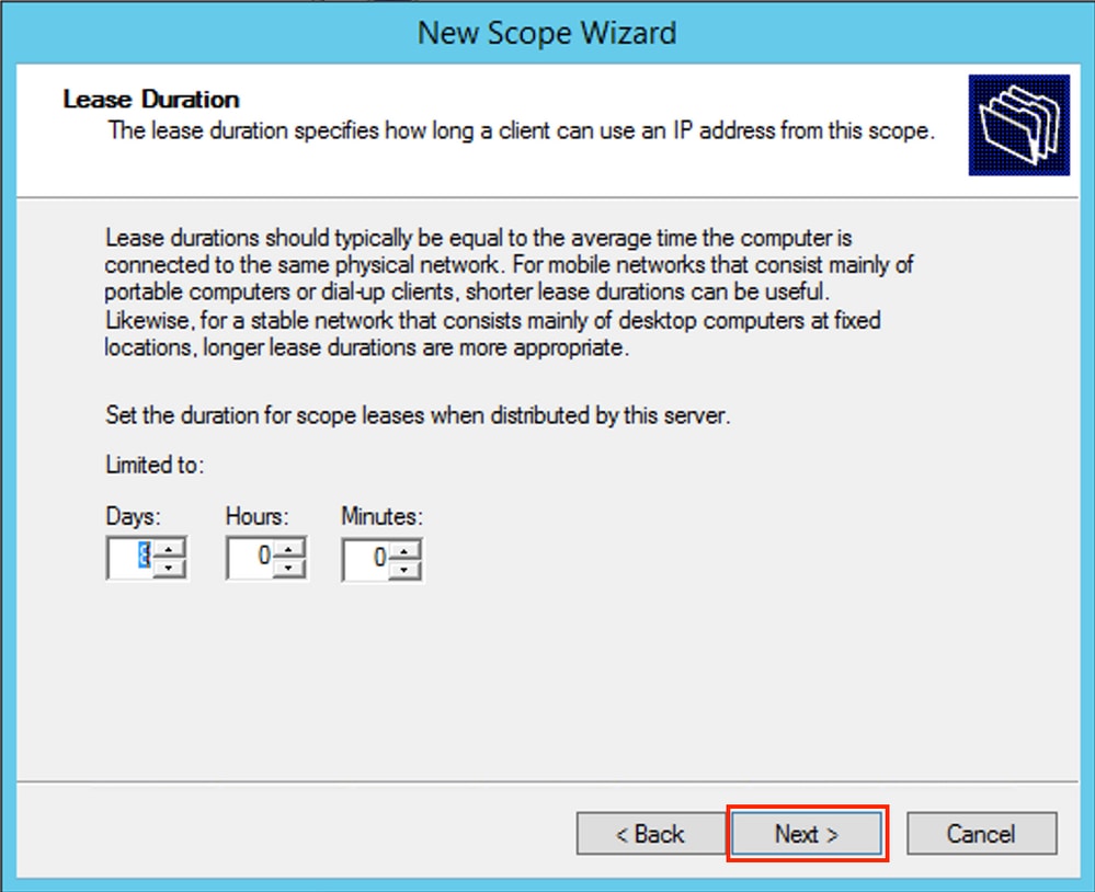 win2012, Define Lease for DHCP Scope