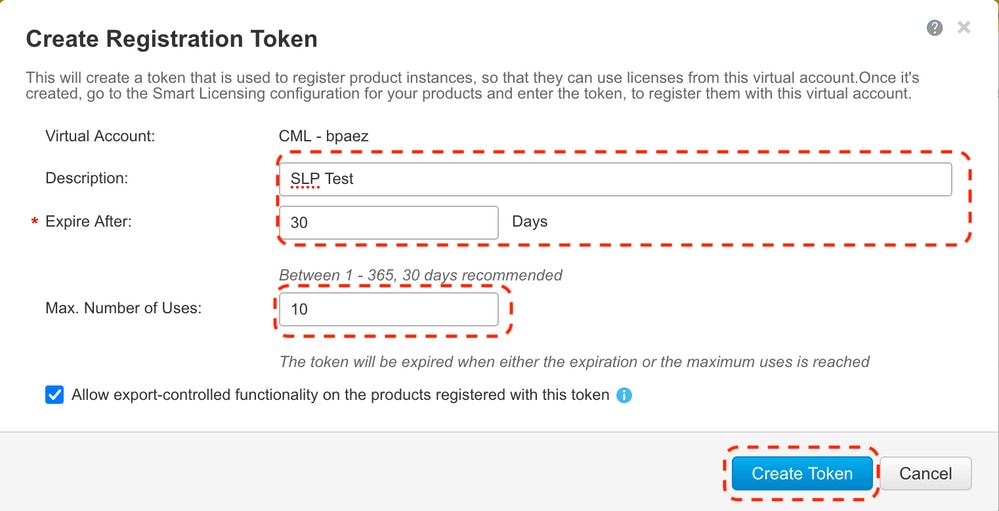 CSSM - Create Registration Token Pop Up