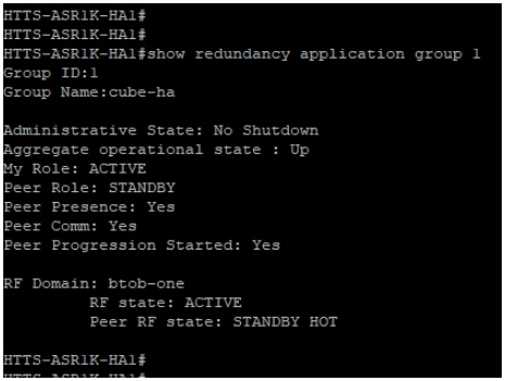 Output of the command 'show redundancy application group 1' from CUBE-1.