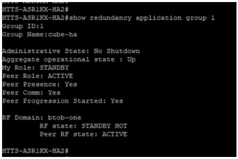 Output of the command 'show redundancy application group 1' from CUBE-2.