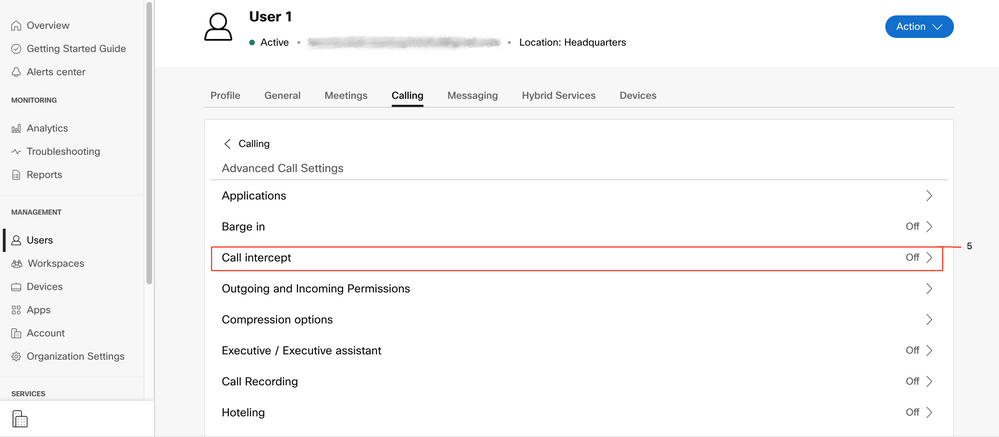 Webex Control Hub - User 1 - Call Intercept