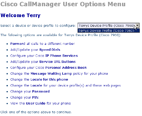 cisco callmanager user options url