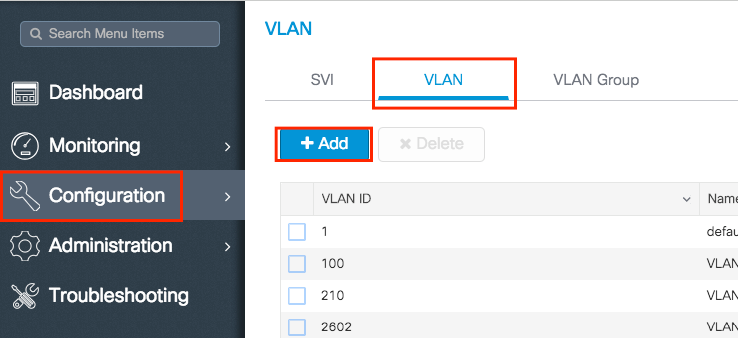 VLAN으로 이동하여 +Add(추가)를 선택합니다.