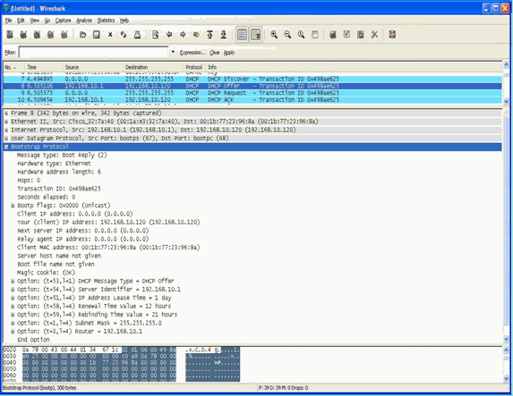 Captura de pantalla de Bridging Packet Capture desde la perspectiva del cliente
