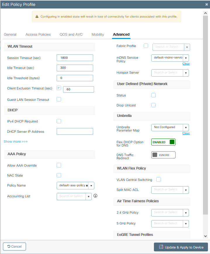 Configure WLAN Timeouts, DHCP, WLAN Flex Policy, and AAA Policy