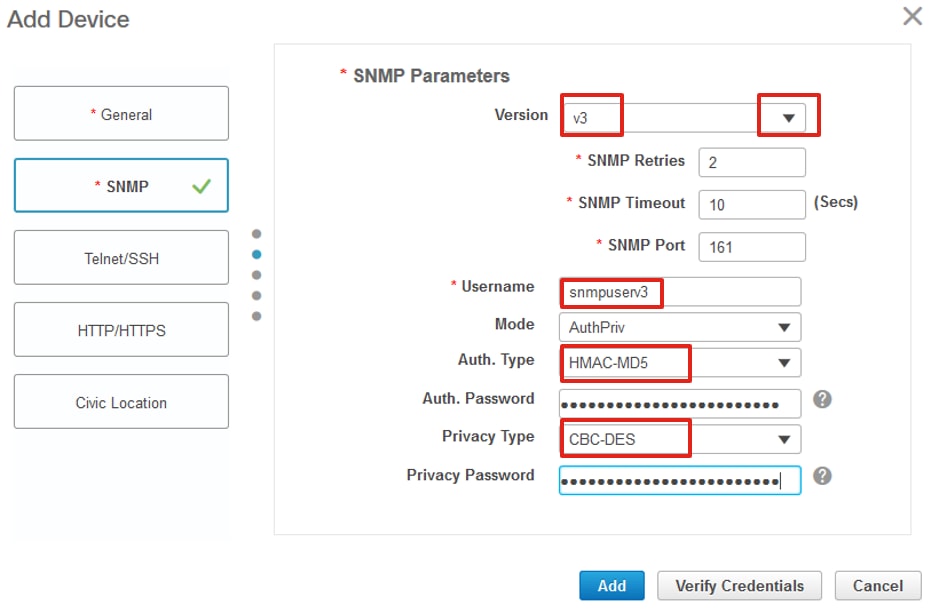 Enter SNMPv3 Details