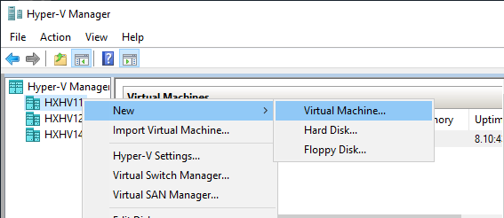 Machine generated alternative text:Hyper-V ManagerFile Action 'flew HelpHyper-V ManageHXHVIIHXHV1zHXHVIImport Virtual Machine...Hyper-V Settings...Virtual SwitchVirtual SAN Manager...VirtualHard Disk...Floppy DisEUptim8.10.4