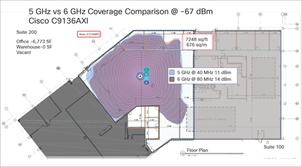 Catalyst 9136I RF propagation on 5 GHz and 6 GHz as represented on Ekahau
