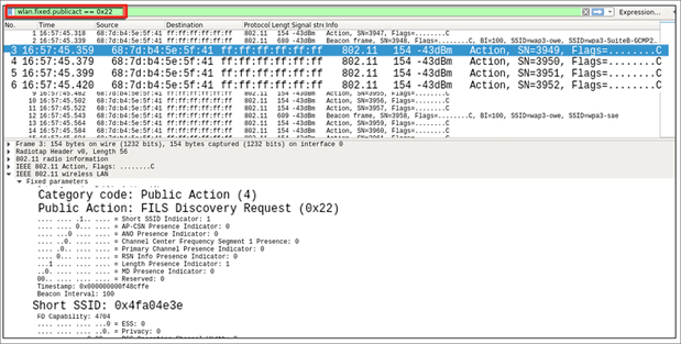 FILS discovery request frames shown in Wireshark