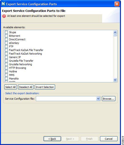 Export Service Configuration Parts dialog box II