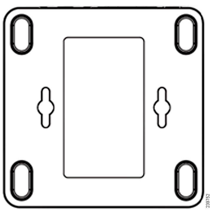 The ATA Wall Mount Kit panel with four holes in the corners for the ATA. There are two screw holes near the middle and a large rectangular hole in the middle.