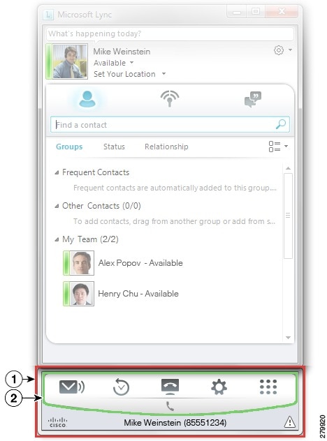 Shows the Cisco UC pane with callouts from the buttons.