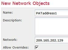 DMZ ネットワーク 1 アドレスの PAT アドレスを定義するネットワーク オブジェクト。