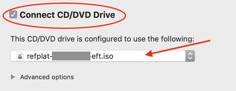 Screenshot: connecting the refplat ISO file to VM in VMware Fusion