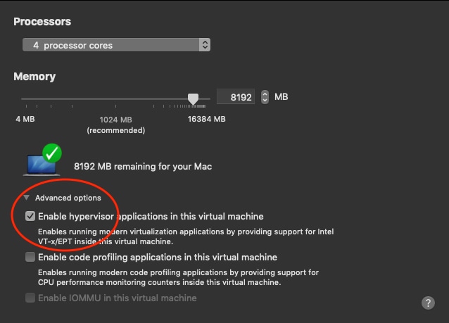 Screenshot: enabling virtualization extensions in VMware Fusion
