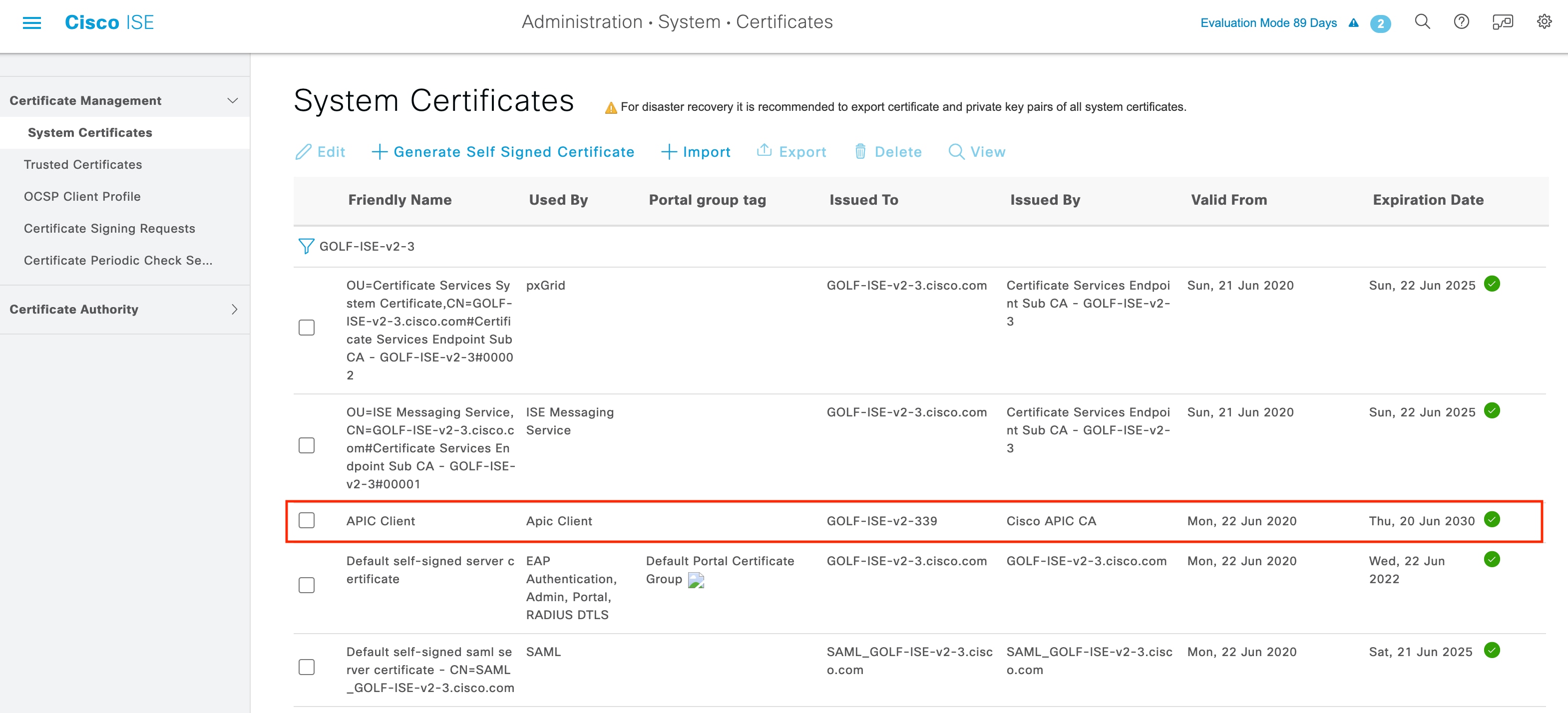 Verify the Certificate in System Certificates window
