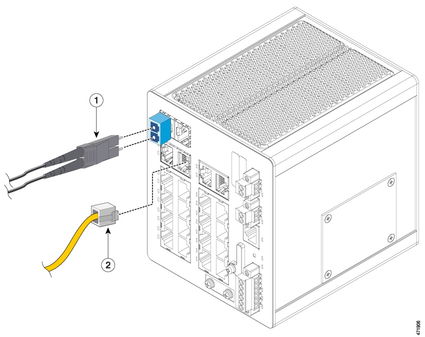 Image of SPF and RJ-45 cables and their ports on the switch