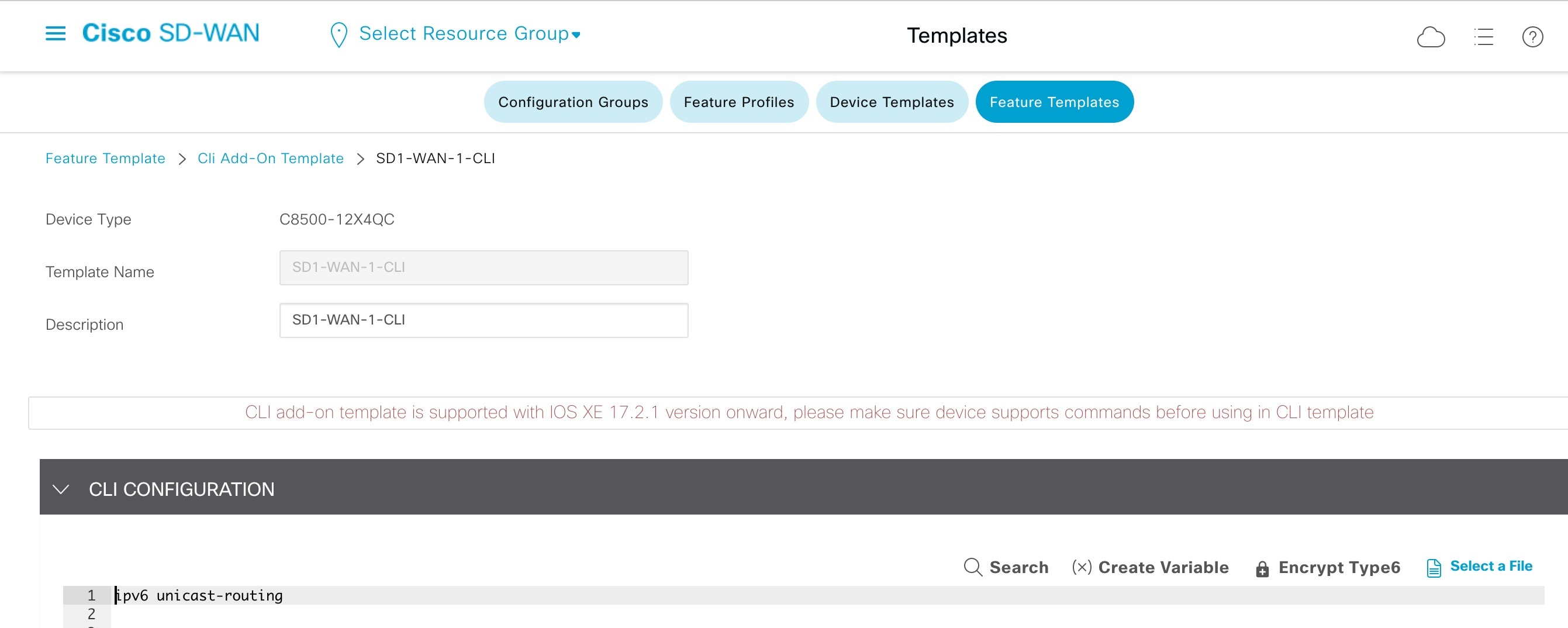 On the Cisco SD-WAN GUI, the Cli Add-On Template displays the CLI Configuration area, where you can configure IPv6 unicast routing.