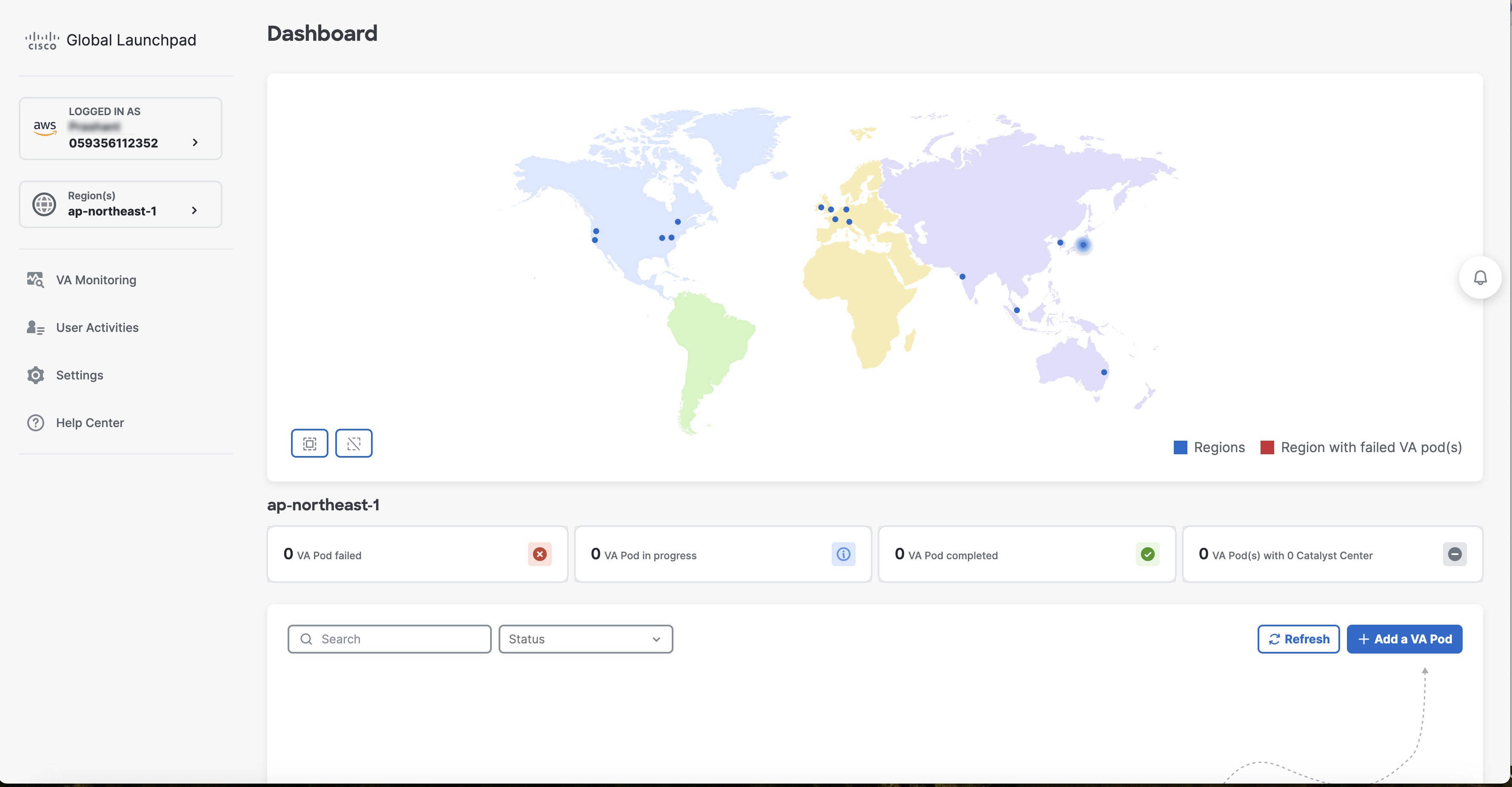 By default, Cisco Global Launchpad displays the navigation pane on the left and the Dashboard pane on the right. The Dashboard pane displays a map of the regions and VA pods and below the map, displays all created VA pods.