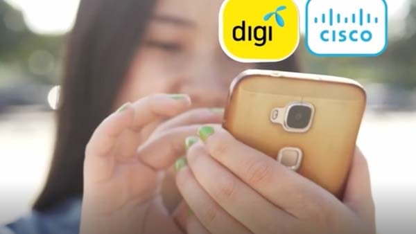 DiGi and Cisco logos are overlaid on a photo of a woman using a mobile phone