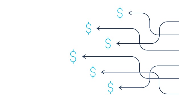 Multiple overlapping arrows and dollar signs representing many paths to revenue