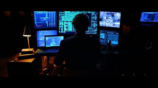 一名黑客坐在多个屏幕前操作计算机